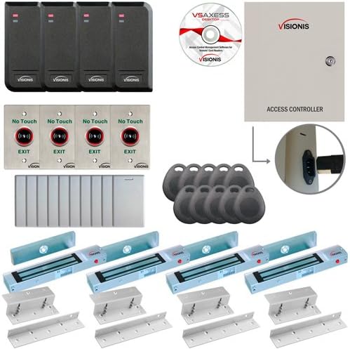 VisionisFPC-6204 Four Doors Access Control for In Swing Door Electric 300lbs Mag Lock Controller Box + Indoor/Outdoor Waterproof Card Reader, Software Included + 20000 Users Kit