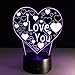 Pixnor 3D Lamp Illusion Night Light I Love U heart 7 Colors Changing Decorative Desk Lamp for lover Bedrooms