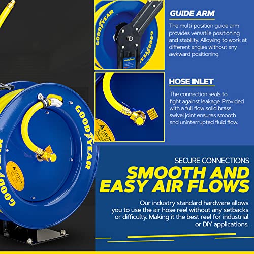 Goodyear Air Hose Reel Retractable 3/8" Inch x 50' Foot SBR Rubber Hose Max 300PSI Heavy Duty