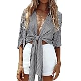 ZJP Women Striped Deep V Neck Half Sleeve Front Tie Kimono Cover Up Loose Shirt, Black/White, Large