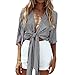 ZJP Women Striped Deep V Neck Half Sleeve Front Tie Kimono Cover Up Loose Shirt, Black/White, Large