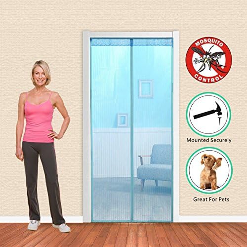 Warmoor Magnetic Screen Door Full Frame Velcro Classic Stripes Hand-Sewing Stronger Suction Curtain Fits Door Up to 35" x 82", Blue