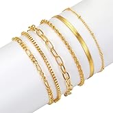SKYGLEAM 18K Gold Plated Bracelet Set for Women, Dainty Stackable Bangles & Chains - Cuban Link & Paperclip Chain, Layering Stack, Lightweight Everyday Jewelry Gift for Her