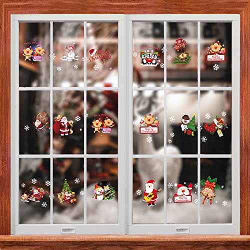 Sazfli 50 PCS Christmas Window Cling 4 Sheet Self-Adhesive Stickers for Glass Wall Cabinet Refrigerator, Xmas Holiday Decals Decorations Snowflake Santa Claus Decals for Party
