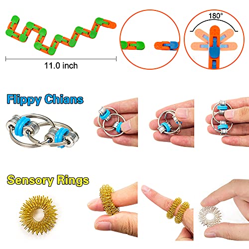 Sensory Toys Set, 34pcs Relieves Stress and Anxiety Fidget Toy for Children Adults, Hand Toys, Soybean Squeeze, Flippy Chain, Sensory Rings, Marble and Mesh, Party Toys, Toy with Storage Box