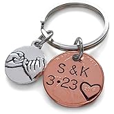 Custom Hand Stamped Penny Keychain with Pinky Promise Charm, Anniversary Gift, Husband Wife Key Chain, Boyfriend Girlfriend Gift, Customized Couples Keychain