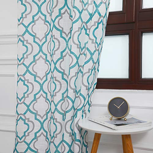 Lofus Moroccan Sheer Curtains 84-Inch Length for Living Room, Grommet Top Semi-Sheer Airy Country Panels for Dinning Room, 50 x 84 Inches Long, Set of 2 Window Curtain Panels, Teal Blue