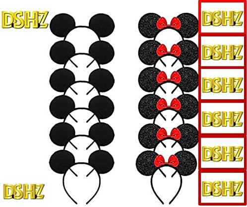 DSHZ Mickey Mosue ears for Girls Birthday Party with phone holder and whistling straits, miki mouse ears for girl, bow for kids and for Celebrations Ears Solid Black and Bow Minnie (Pack of 12)