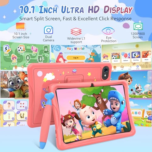 2026 Upgraded Kids Tablet 10 inch, Android 16 Tablets for Kids, Parental Control, Pre-Installed Kiddos Software & Kids Space, Includes Case & Stylus Pen, 12GB RAM 64GB ROM, 2TB Expand, HD IPS Screen