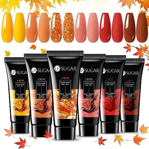 UR SUGAR Fall Winter Extension Gel Nail Set, 6 Colors Maple Pumpkin Burnt Orange Yellow Red Glitter Autumn Extension Nail Gel Polish Kit Halloween Thanksgiving Day Gift Box for Women