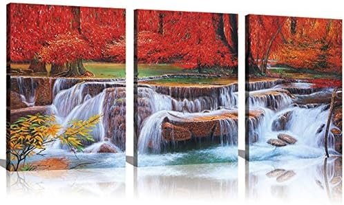 Sunrise Art -Canvas Prints Red Tree Waterfall Paintings for Wall and Home Décor Landscape Paintings on Canvas 12x16inch 3pcs Stretched and Framed Ready to Hang