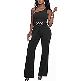 acelyn One Off Shoulder Jumpsuit for Women Sexy Dressy Sleeveless Belted Wide Leg Jumpsuit Elegant Party Outfit