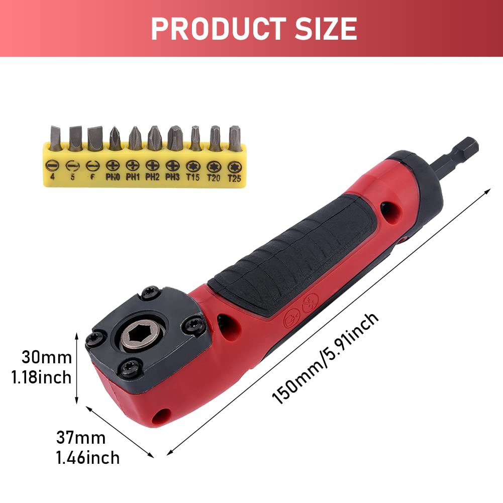 Right Angle Drive Attachment with 10PCS Drill Bits, 1/4 Inch 90° Degree Right Angle Drill Adapter, Right Angle Attachment Extension Drill Attachment for Impact Driver(Red)
