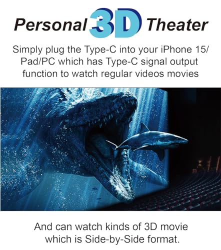 VISIONhmd Personal 3D Movie Cinema.Type-C Input.Easy Connect to i-Phone15/16 to Watch Spatial Videos,Plug and Play.Built in Battery.Video Display Glasses,Video Goggles (Bigeyes H3 Pro USB-C)