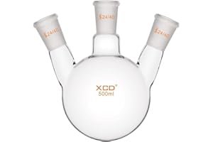 XCD Borosilicate Glass 3-Neck Round Bottom Boiling Flask with 24/40 Center and Side Standard Taper Outer Joint, Heavy Wall, 500 ml