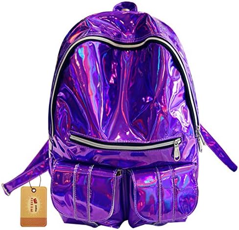 Goodbag Boutique Fashion Girl Backpack Holographic Laser Leather Backpack Bling Glitter Casual Daypack Travel Backpack School Bag Color Purple