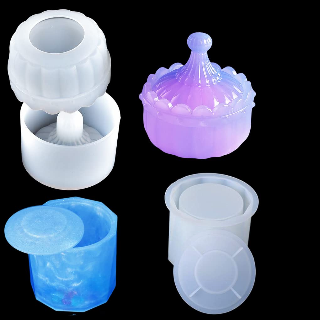 FineInno 2 Packs Box Resin Moulds with Lid, Candy Jar Silicone Moulds, Trinkets Container Mould, Round Pot Epoxy Casting Mold for Jewelry Beads Storage