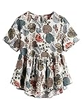 SheIn Women's Loose Ruffle Hem Peplum Short Sleeve Blouse Top One-Size Palm Leaf