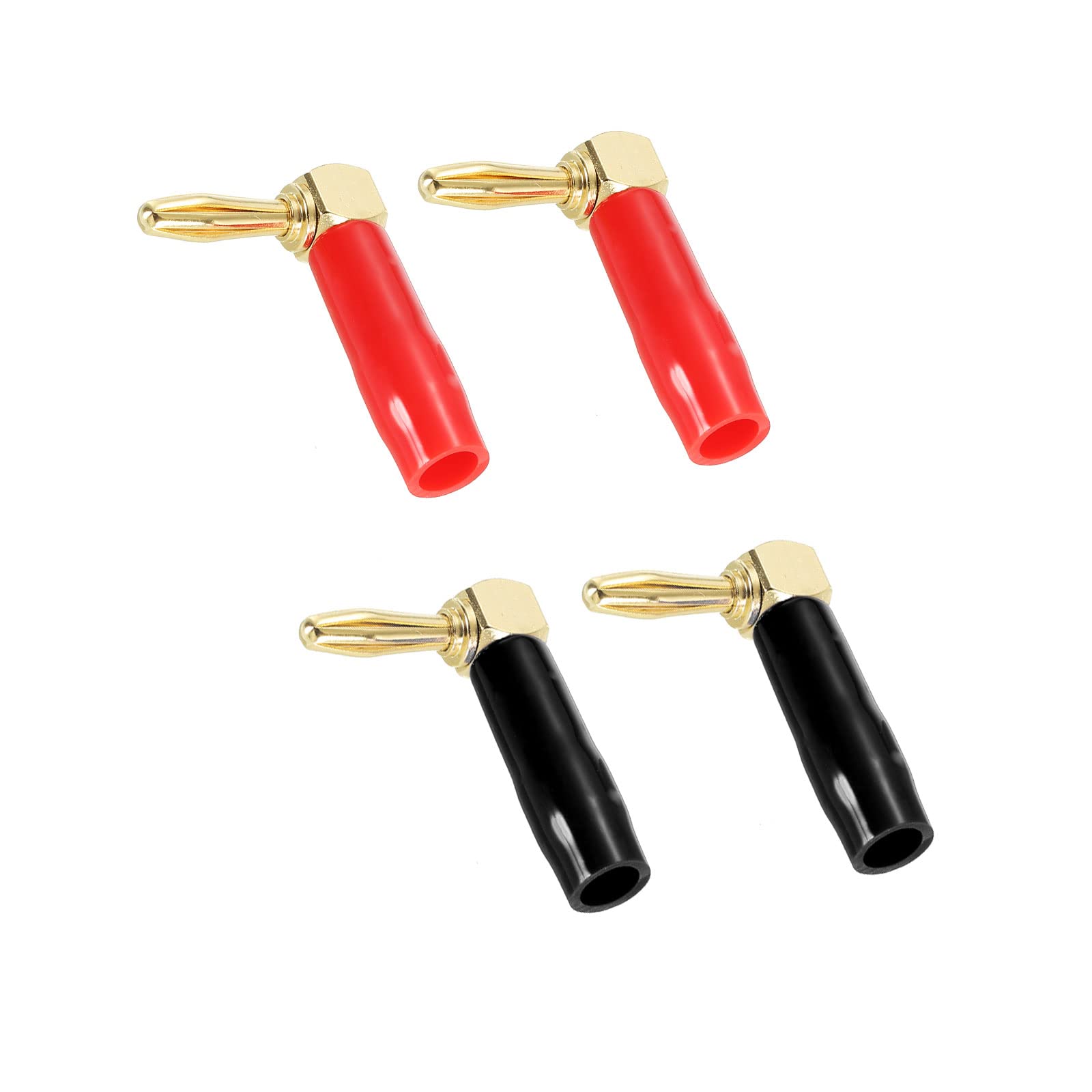 PATIKIL Banana Plugs 90 Degree Speaker Banana Plugs Screw Type 4mm Gold-Plated Copper Red Black for Speaker Wires, Sound Systems, Video Receivers, Home Theater Pack of 4