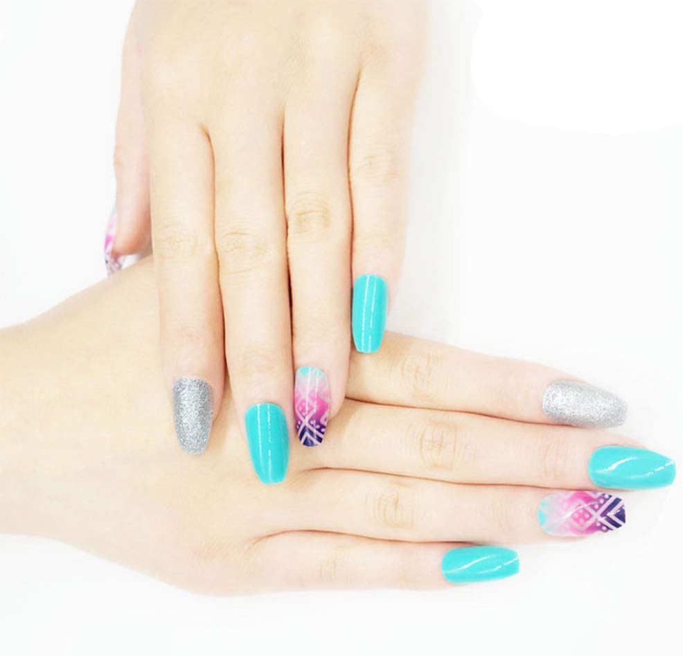 Poliphili 24 Pieces Colorful Full Coverage Medium Acrylic False Nail Coffin Shape Summer Design Different Pattern Applique Decoration (Green Silver Glitter)