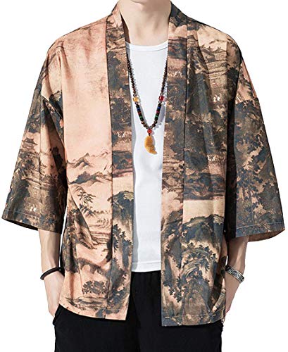 Hotmiss Men's Kimono Cardigan Jacket Japanese Style Flying Crane Seven Sleeves Open Front Coat (Yellow, X-Large)
