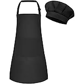 BOUBONI Kids Apron and Chef Hat Set Adjustable Child Art Aprons with 2 Pockets Toddler Chef Hat and Apron for Cooking Baking Painting (Black)