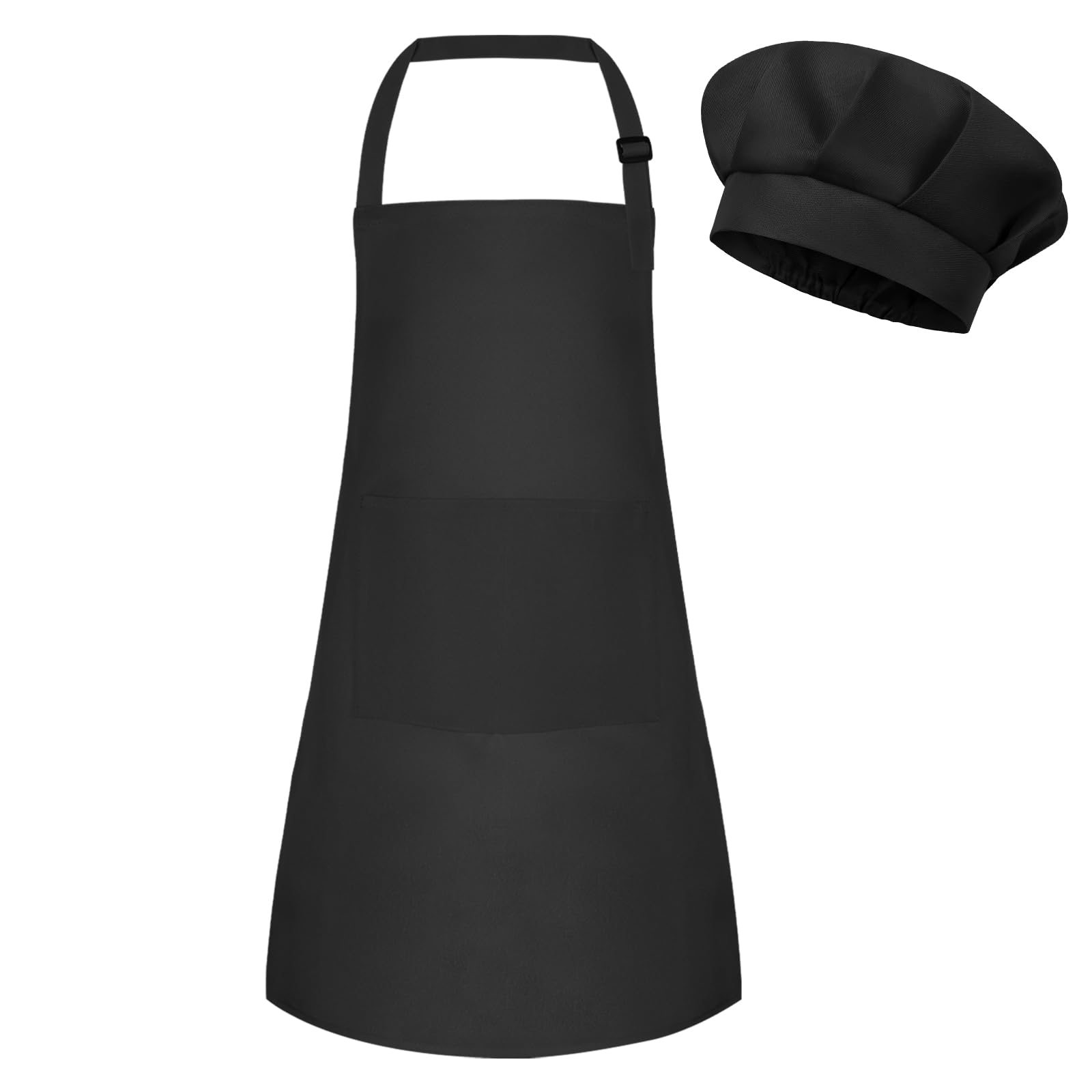 BOUBONI Kids Apron and Chef Hat Set Adjustable Child Art Aprons with 2 Pockets Toddler Chef Hat and Apron for Cooking Baking Painting (Black)