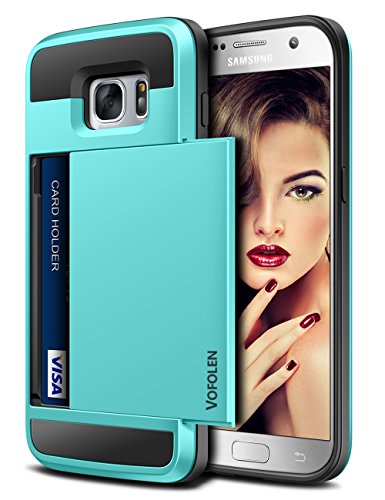 Vofolen Case for Galaxy S7 Case Wallet Slidable Card Holder Slot ID Pocket Protective Hard Shell Shock Absorbing TPU Tough Rubber Bumper Armor Scratch-Proof Case Cover for Samsung Galaxy S7 Sky Blue