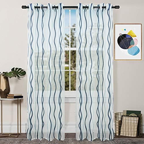 FY Fiber House Woven Sheer Voile Window Curtains with Grommet Panels for Living Room, 2 Panels,54 by 84-Inch, White/Light Blue Wave