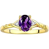 Rylos Rings for Women 14K Gold Plated Silver Classic Style Birthstone Ring 7X5MM Oval Gemstone & Diamonds February Amethyst Jewelry for Women Size 8