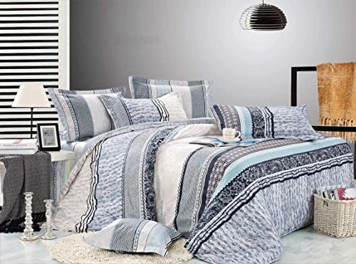 100% Cotton Striped Duvet Cover Set Full King Size, 4 Pieces (Full/Queen, Beige Gray)