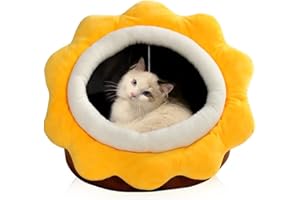 GARLIFDEN Cat Beds for Indoor Cats - Small Cat Bed with Anti-Slip Bottom, Sunflower-Shaped Cat/Dog Cave with Hanging Toy, Puppy Bed with Removable Cotton Pad, Super Soft Calming, Multiple Sizes(brownM)