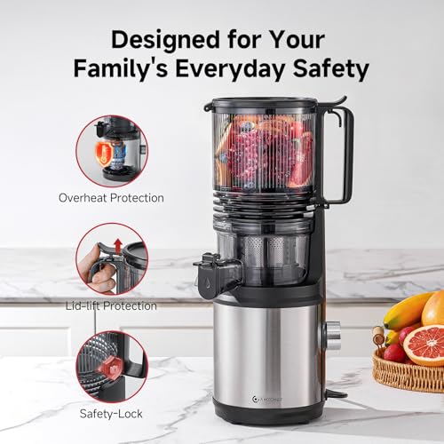 AMZCHEF Cold Press Juicer Machines, Slow Masticating Juicer with Low Noise DC Motor & Triple Filter, 160mm Wide Chute & 2L Capacity for Whole Fruits and Vegetables, Easy to Clean, Stainless Steel