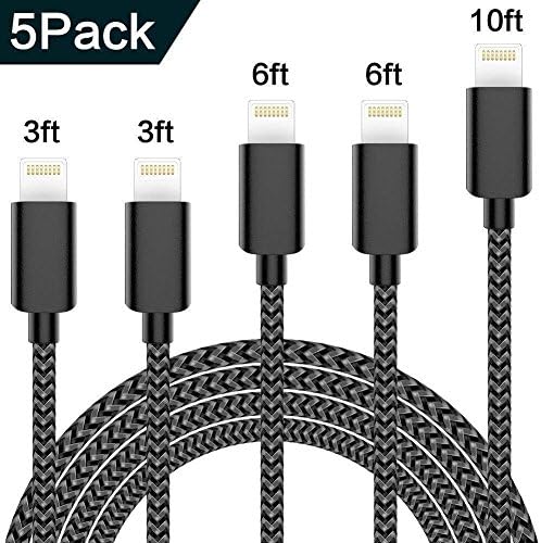 iPhone Charger,AIOXQNL MFi Certified Lightning Cable 5 Pack（3/3/6/6/10FT） Compatible iPhone Xs/Max/XR/X/8/8Plus/7/7Plus/6S/6S Plus/SE/iPad/Nan More