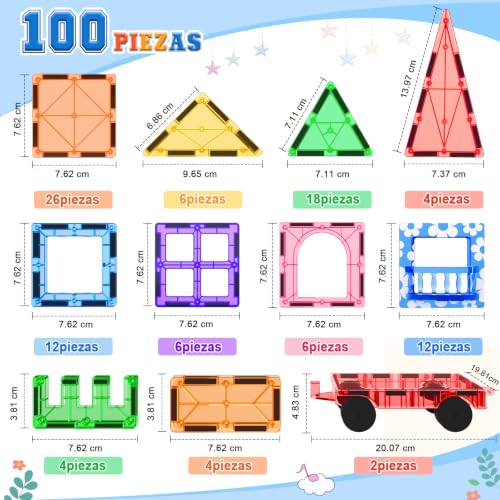 Coodoo Magnetic Building Blocks Toy for Children, 100 Pieces 3D Magnetic Constructions Children with 2 Cars, Educational Gift Montessori Toys Children 3 Years