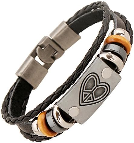 SumBonum Jewelry Mens Alloy Leather Braided Rope Bracelet, Vintage Classic Beads Heart Shield Charm Cuff Bracelet, Black Golden Silver