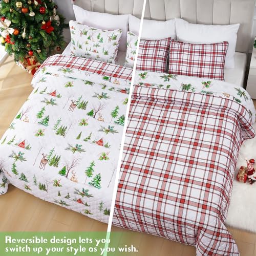FRAMICS 3 PIECE CHRISTMAS REVERSIBLE QUILT SET QUEEN SIZE, RED PLAID LIGHTWEIGHT COMFORTER SET, GREEN WATERCOLOR PINE TREE REINDEER SNOWHOUSE CHRISTMAS QUILT, 90″ X 90″, 1 QUILT+2 PILLOW SHAMS