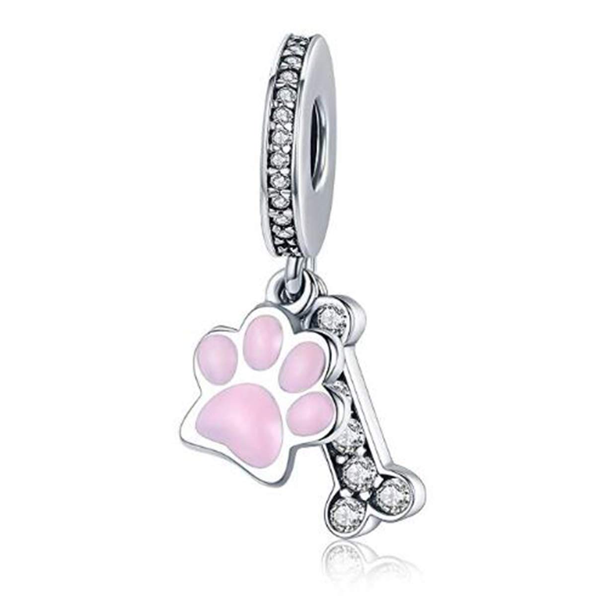 I Love My Dog Bone Charms Genuine 925 Sterling Silver Dog Bowl Charm Paw Beads Animals Charms for Pandora Bracelets (Pink Dog Paws Charms)