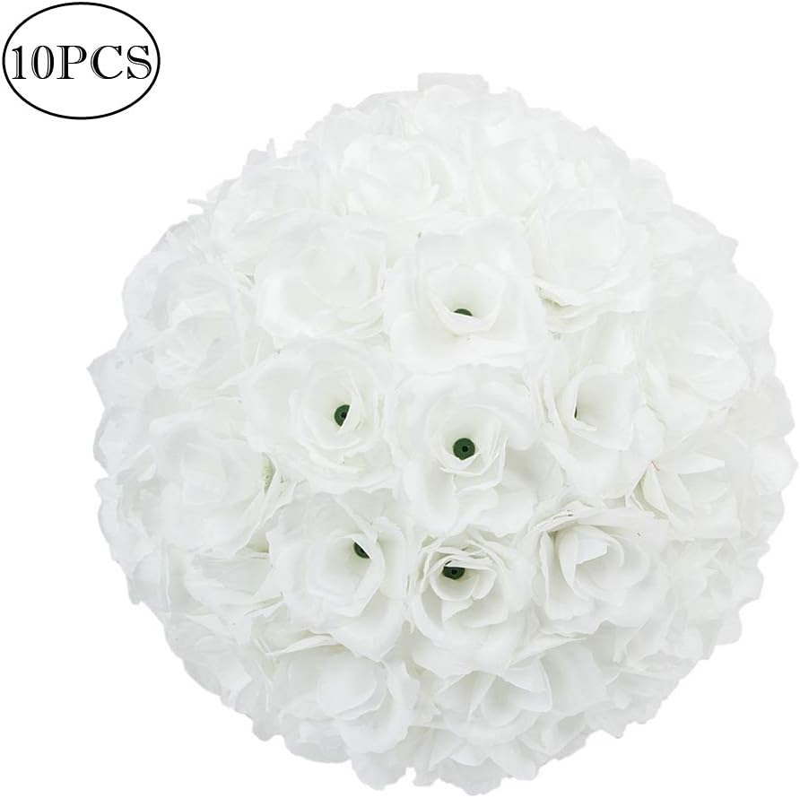 Z ZTDM 10 Inch Artificial Romantic Rose Flower Ball Bouquet for Home Outdoor Wedding Party Centerpieces Decorations (10PIECE, White)
