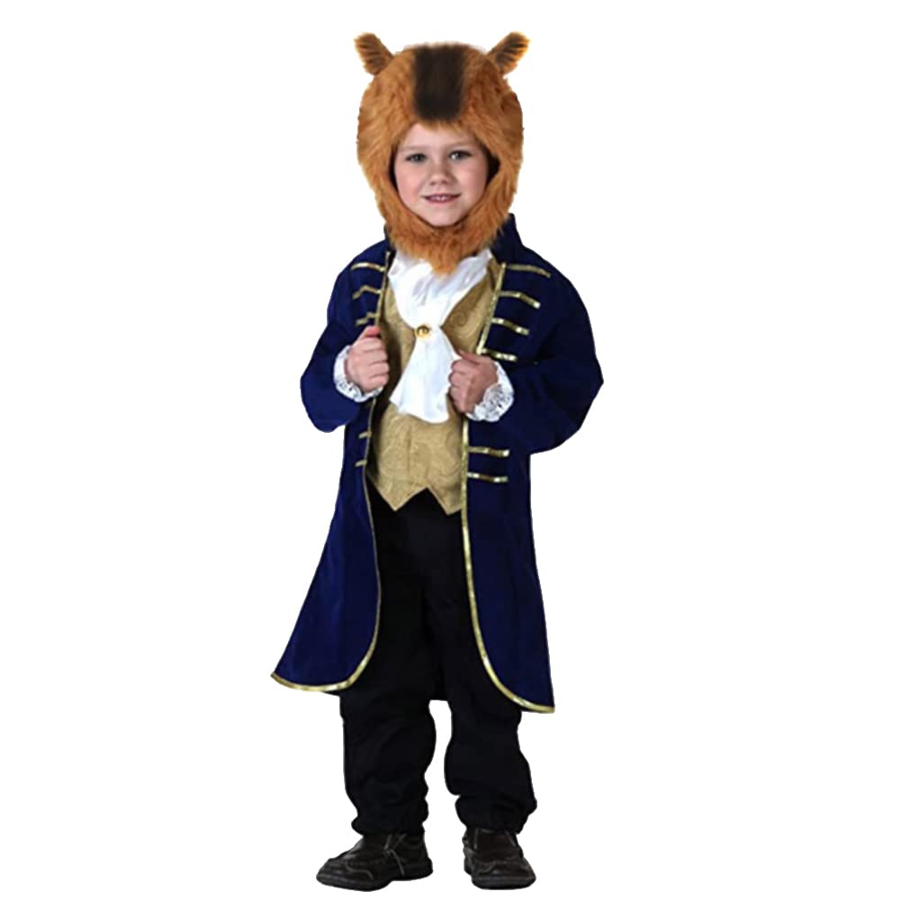 IWEMEK Kids Boys Beauty and Beast Toddler Prince Costume Fairy Tale Cosplay Long Jacket Pants Neckpiece Headgear Pageant Halloween Carnival Fancy Dress Up Outfits Navy Blue Beast 2-3 Years