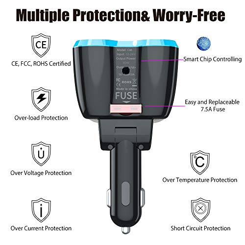 5-in-1 Auto Ladegerät: Zigarettenanzünder Verteiler Adapter Splitter 12V USB C KFZ Stecker 2 Fach Steckdose 12 Volt DC 80W mit LED Voltmeter Schalter Dual USB für Handy GPS Dash Kamera Sitzheizung – Bild 6