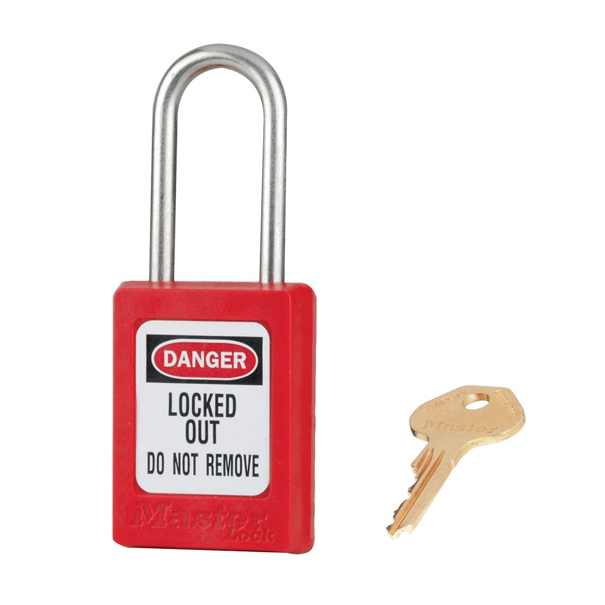 Master Lock Red Zenex™ thermoplastic Safety Padlock, 35mm Wide with 38mm Tall Stainless Steel Shackle, Key retaining, keyed Different