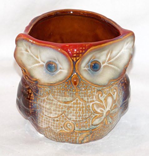 New 3d Big Eyed Owl Burnt Red & Brown Ceramic Kitchen Scouring Pad Holder / Pen Pot / Planter Pot