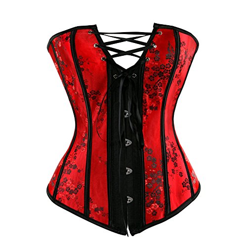 frawirshau Women s Oriental Style Lace Up Bond Corset Showgirl Clubwear Top Red S