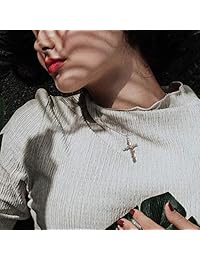 SNZM - Collar con dije de cruz y flor natural chapado en oro rosa y blanco para mujer, 18 pulgadas con extensión de 2 pulgadas.