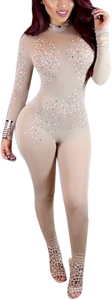 MS MouseWomens Sexy Rhinestone Sheer Mesh Jumpsuit Long Sleeve Clubwear Rompers