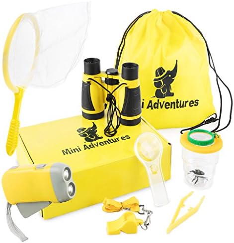 Outdoor Kids Adventure Kit for Boys & Girls Ages 4-12. Set Includes Butterfly net, Quality Whistle, Flashlight, Binoculars, Magnifying Glass, Carry Bag. Perfect for Scouts, Camping, Science