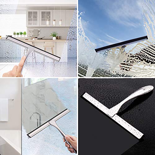 LPOLER Stainless Steel Shower Squeegee for Shower Doors, All-Purpose Window Squeegee for Bathroom, Mirrors, Tiles and Car Windows with 2 Hooks, 10 inch