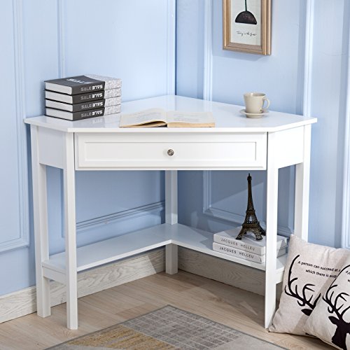 Buy Mecor White Wood Corner Computer Desk with One Drawer One Shelf
