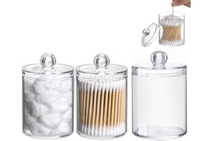 3Pcs Clear Jar Organizer,Cotton Swab, Cotton Round Pads, Floss Picks - 10 oz Clear Plastic Apothecary Jar Set for Bathroom Ca